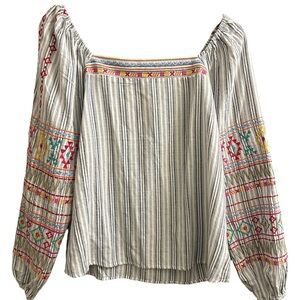 Savanna Jane Possibly Off-the-Shoulder Size M Striped Boho Top With Embroidery